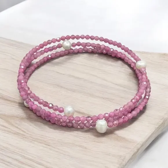 19ct Diamond Cut Pink Tourmaline 5mm Freshwater Pearl Beaded Bracelet